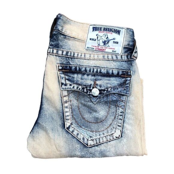 True Religion Jeans Size 32 STRAIGHT Blue Paint Splatter - Picture 1 of 10